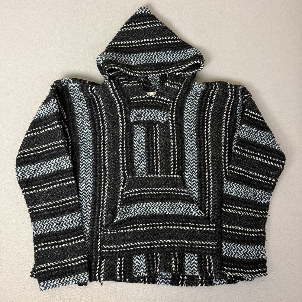 Baja Joe Hoodie Mens Small Black Blue Striped Pullover Drug Rug Mexico